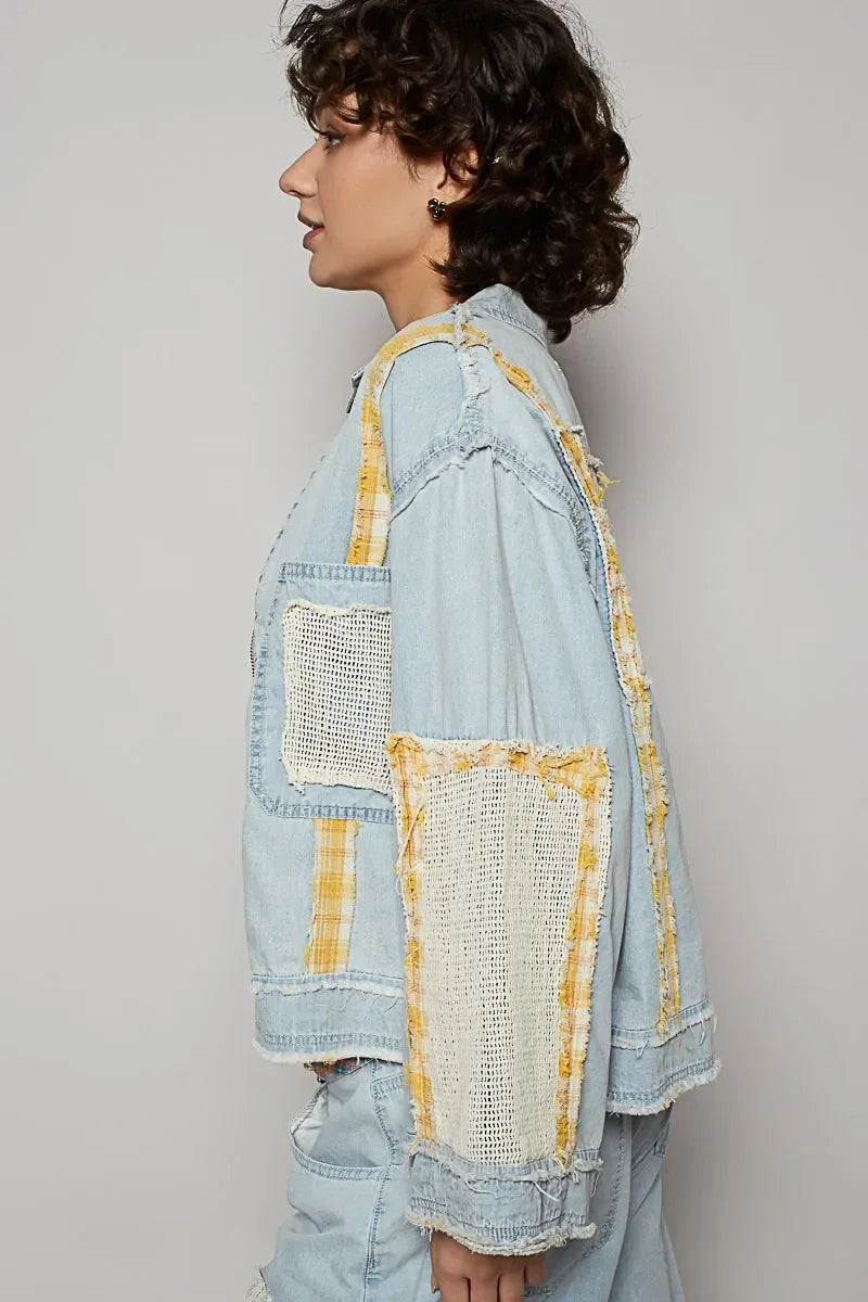 POL Raw Hem Zip Up Denim Jacket with Plaid and Crochet Patch - Eva's Edition