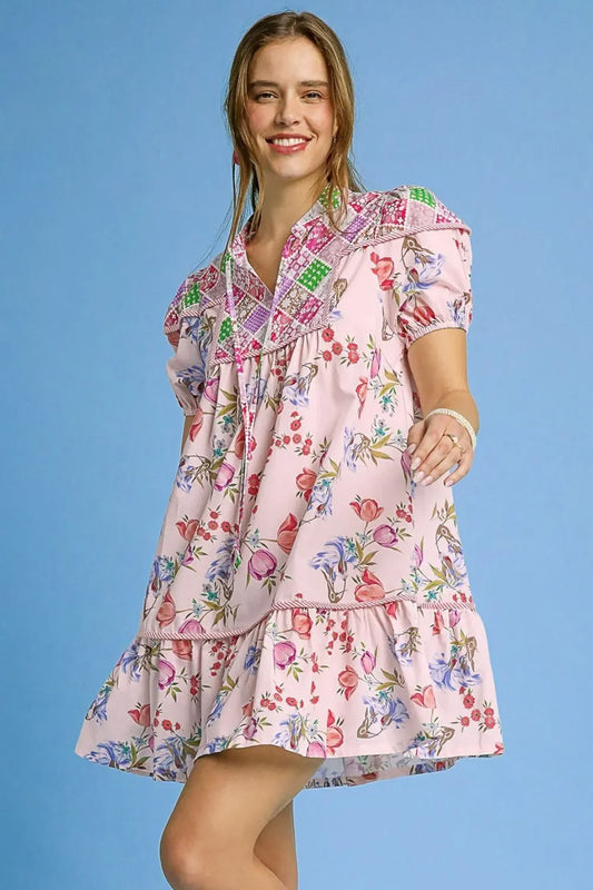 Floral Print Tie Neck Puff Sleeve Dress - Eva's Edition