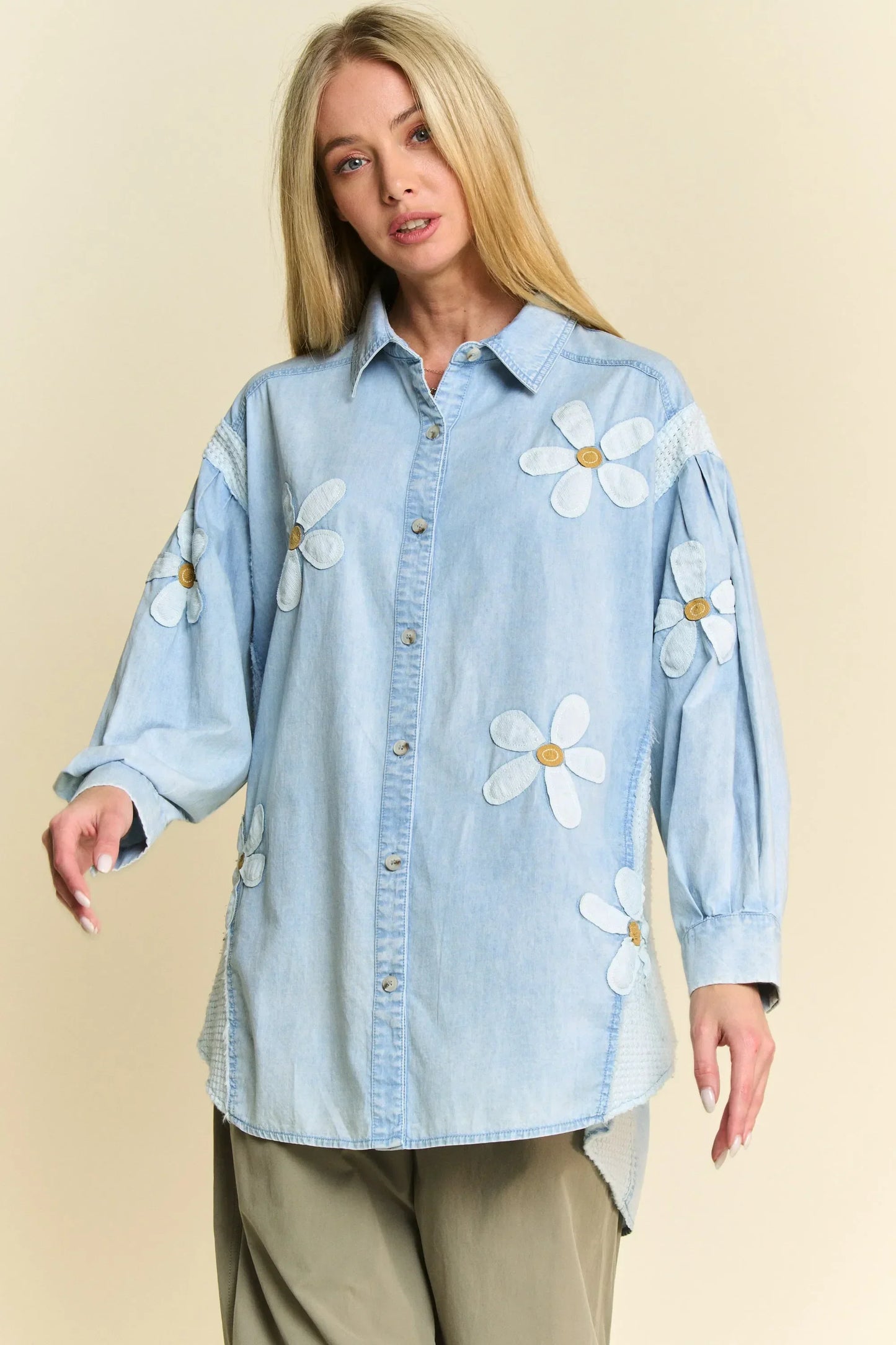 Lightweight Washed Daisy Patch Waffle Knit Shirt - Eva's Edition