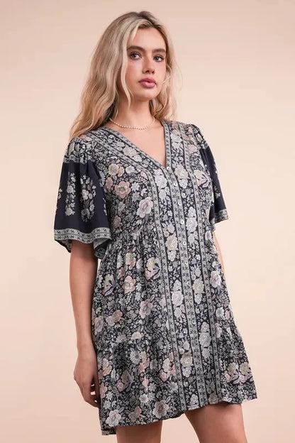 Shirring Detail Printed Woven Mini Dress - Eva's Edition