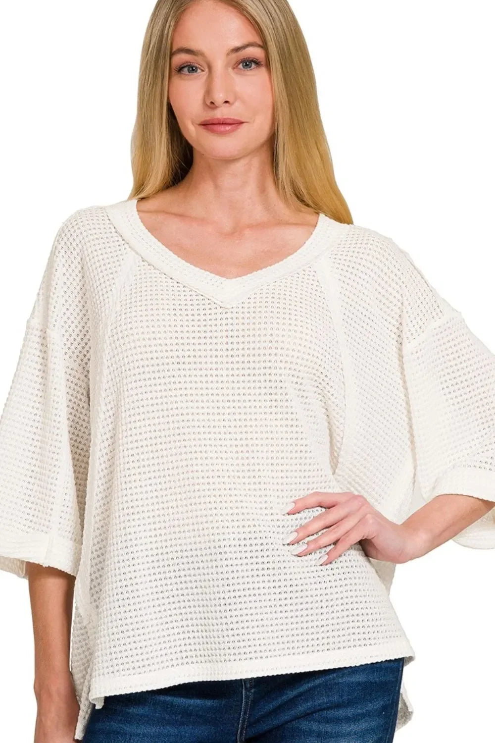 Brushed Waffle Exposed-seam 3/4 Sleeve Top - Eva's Edition