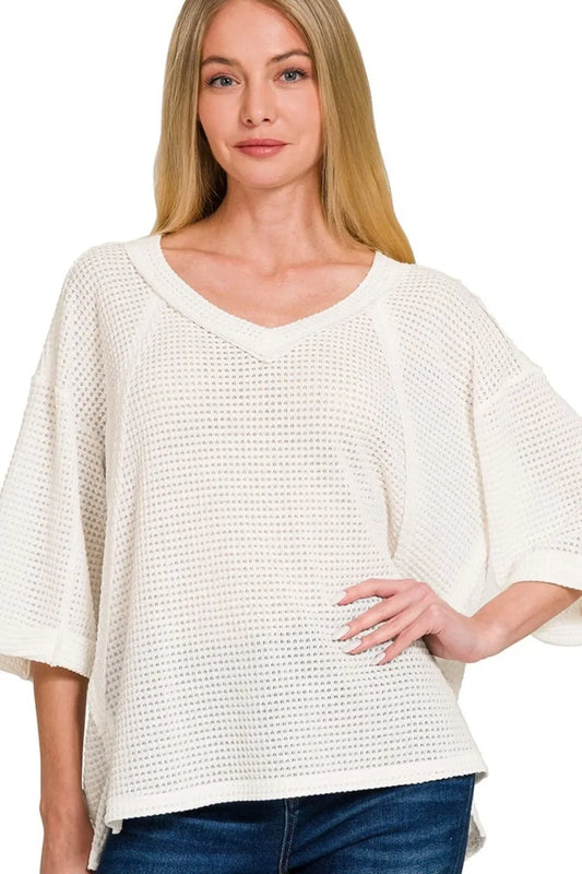 Brushed Waffle Exposed-seam 3/4 Sleeve Top - Eva's Edition