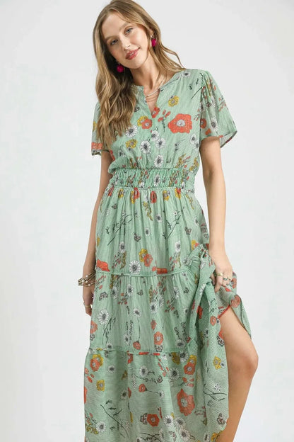 Smocked Waist Floral Short Sleeve Midi Dress - Eva's Edition
