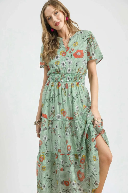 Smocked Waist Floral Short Sleeve Midi Dress - Eva's Edition