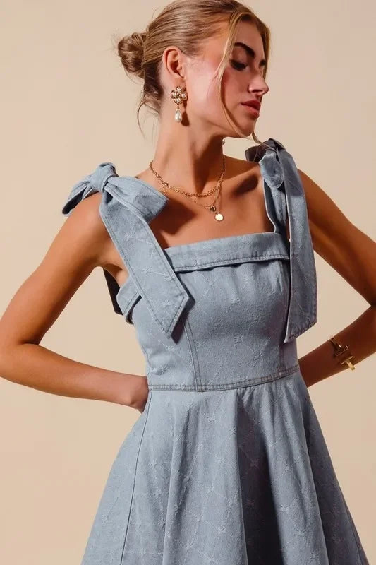 Diamond Bow Ribbon Denim Dres - Eva's Edition