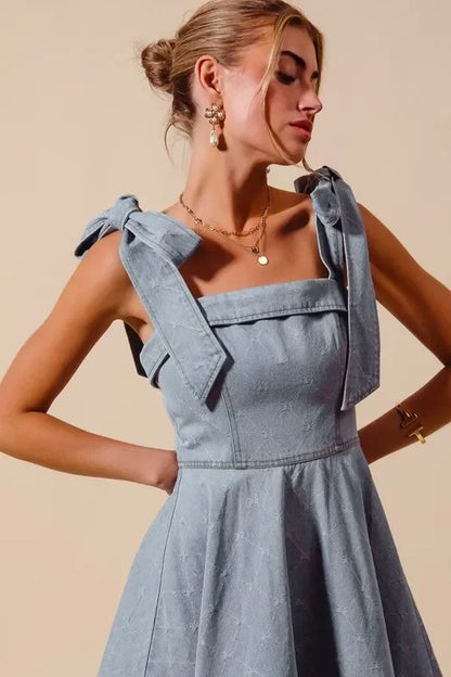 Diamond Bow Ribbon Denim Dres - Eva's Edition