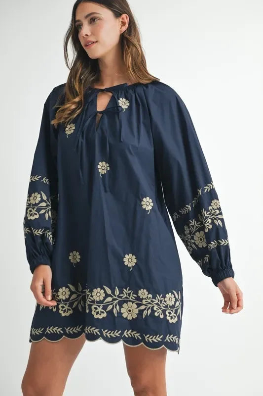 Embroidered Long Sleeve Peasant Mini Dress - Eva's Edition