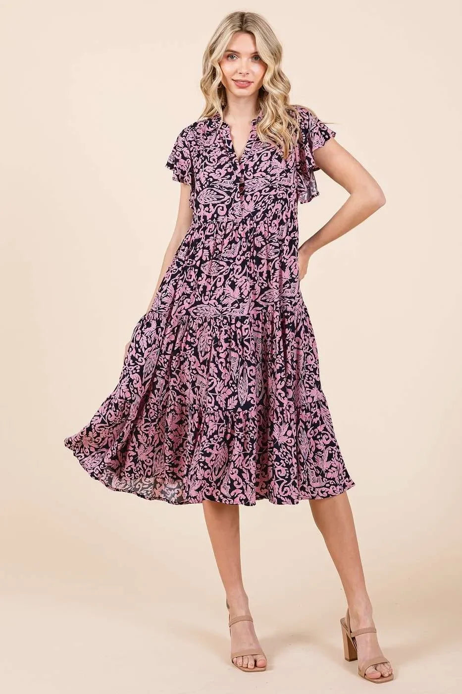 Abstract Printed Ruffle Tier Midi Dress - Eva's Edition