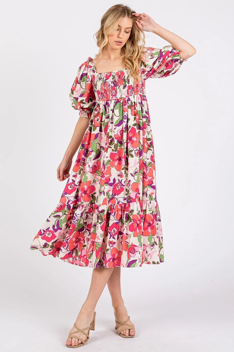 Flower Printed Puff Sleeve Ruffle Smocked Midi Dress - Eva's Edition