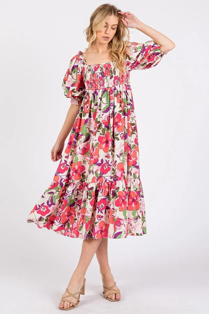 Flower Printed Puff Sleeve Ruffle Smocked Midi Dress - Eva's Edition