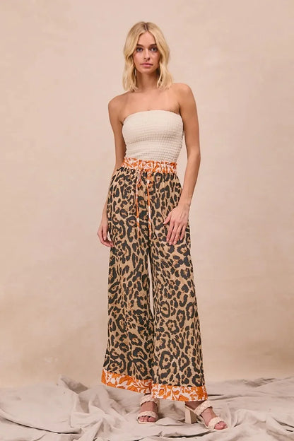 Leopard Print With Contrast Banded Wide Pants - Eva's Edition