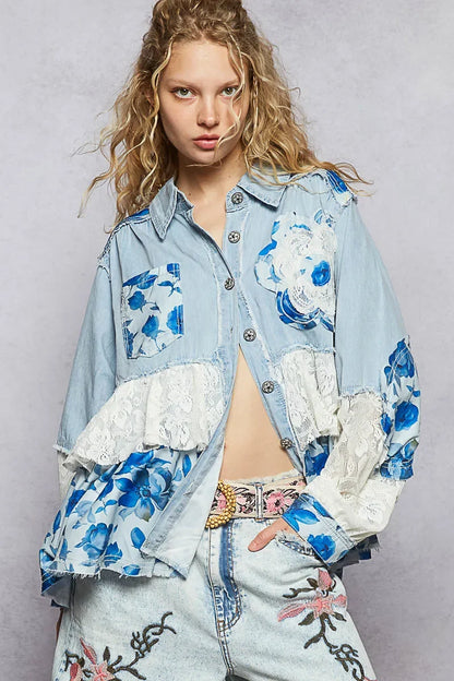 Floral Patchwork Denim Shirt with Lace Trim Details - Eva's Edition