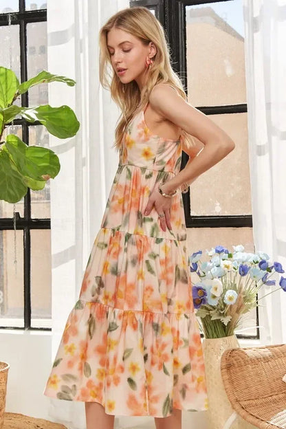 Smocked Back Floral Adjustable Strap Midi Dress - Eva's Edition