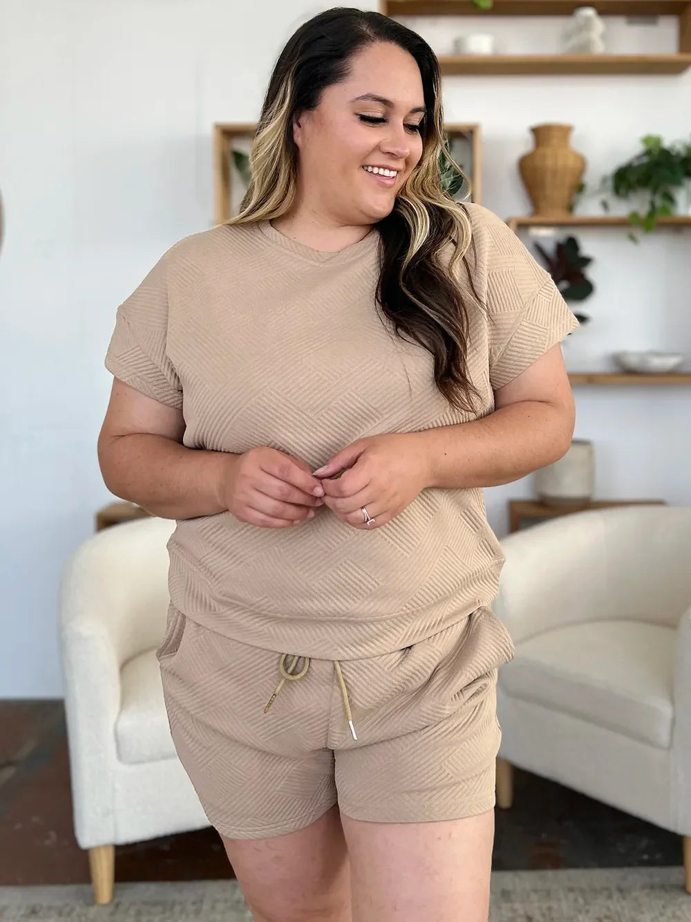 Textured Short Sleeve T-Shirt and Drawstring Shorts Set - Eva's Edition