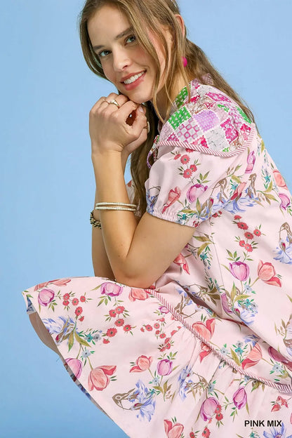 Floral Print Tie Neck Puff Sleeve Dress - Eva's Edition