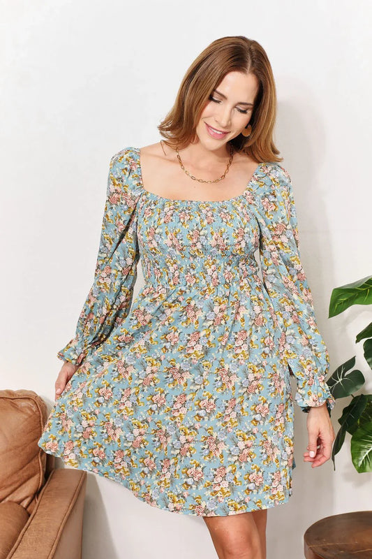 Honey Floral Smocked Flounce Sleeve Square Neck Dress - Eva's Edition