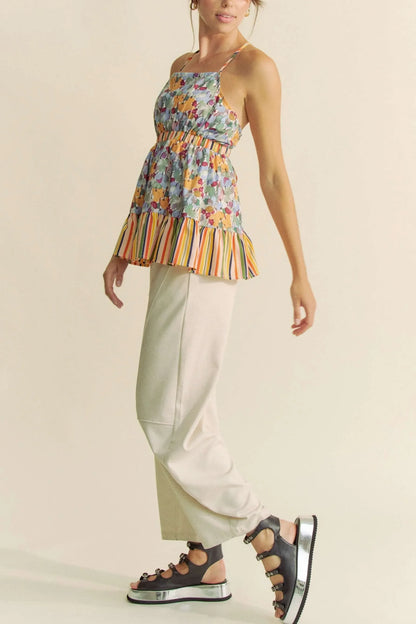 Floral Smocked Sleeveless Ruffle Back Tie Top - Eva's Edition