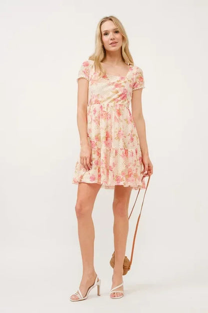 Square Neck Tiered Floral Fishnet Dress - Eva's Edition