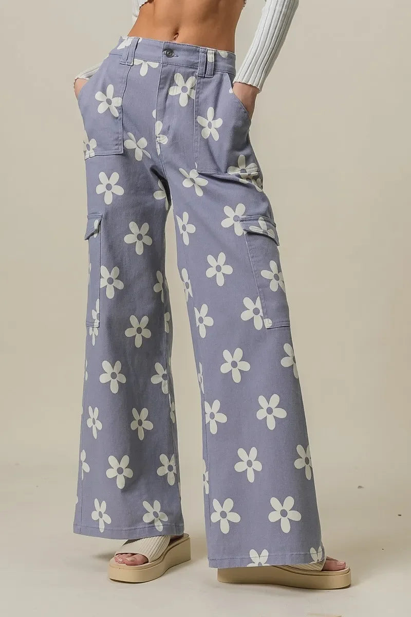 Flower Printed Side Pocket Wide Pants - Eva's Edition