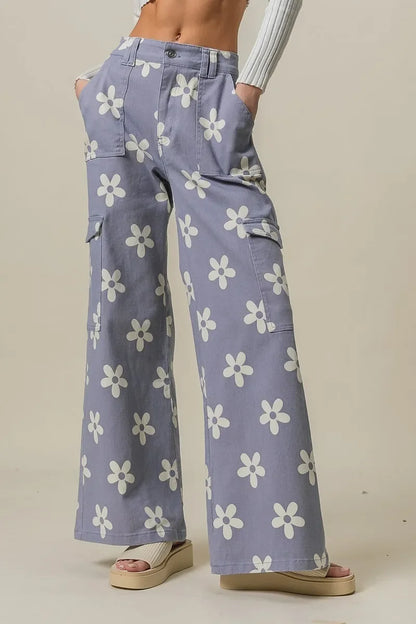 Flower Printed Side Pocket Wide Pants - Eva's Edition