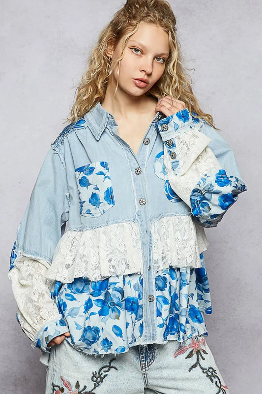 Floral Patchwork Denim Shirt with Lace Trim Details - Eva's Edition