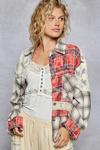 Lace Patchwork Plaid Oversized Shirt - Eva's Edition