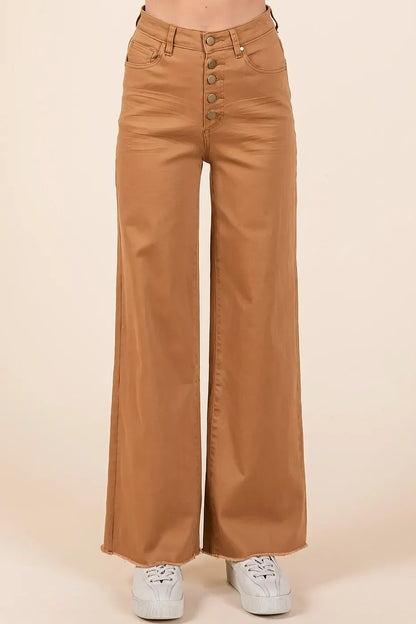 Twill High Waisted Button Fly Wide Leg Pants - Eva's Edition
