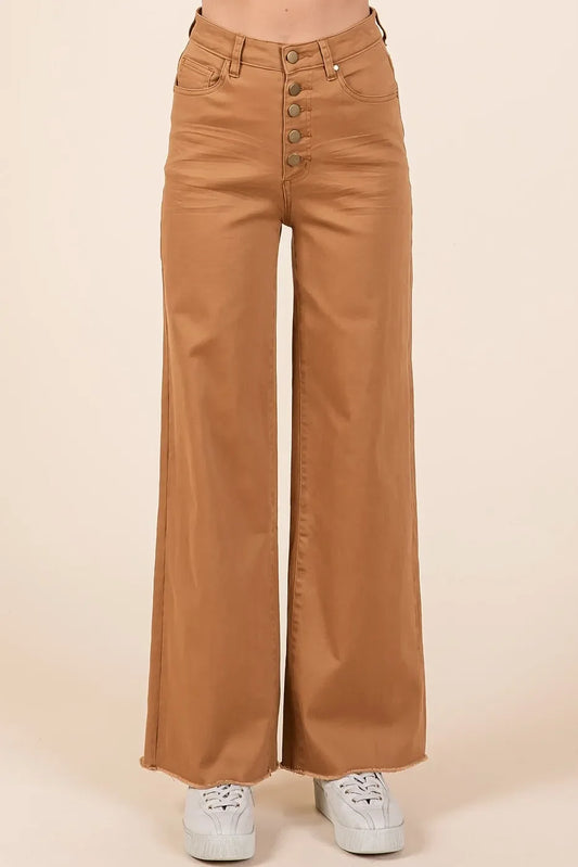 Twill High Waisted Button Fly Wide Leg Pants - Eva's Edition