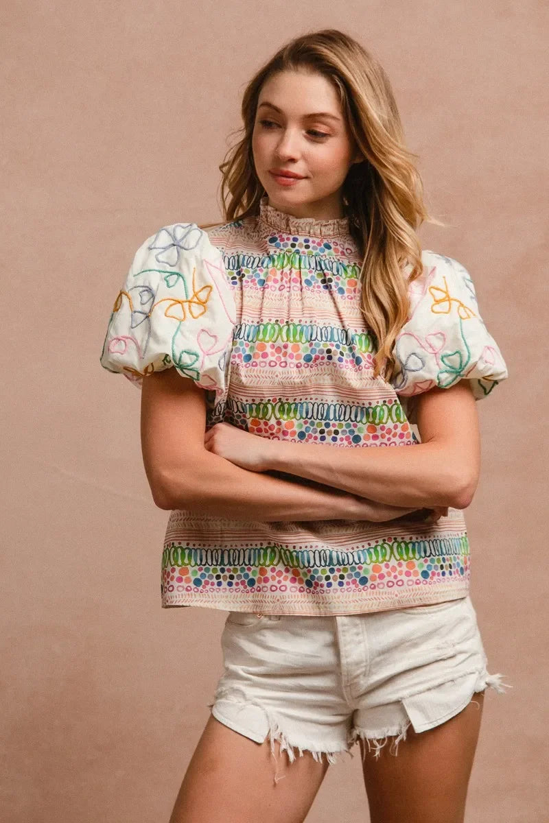 Ruffle Neckline Blouse with Embroidery Bubble Sleeve - Eva's Edition