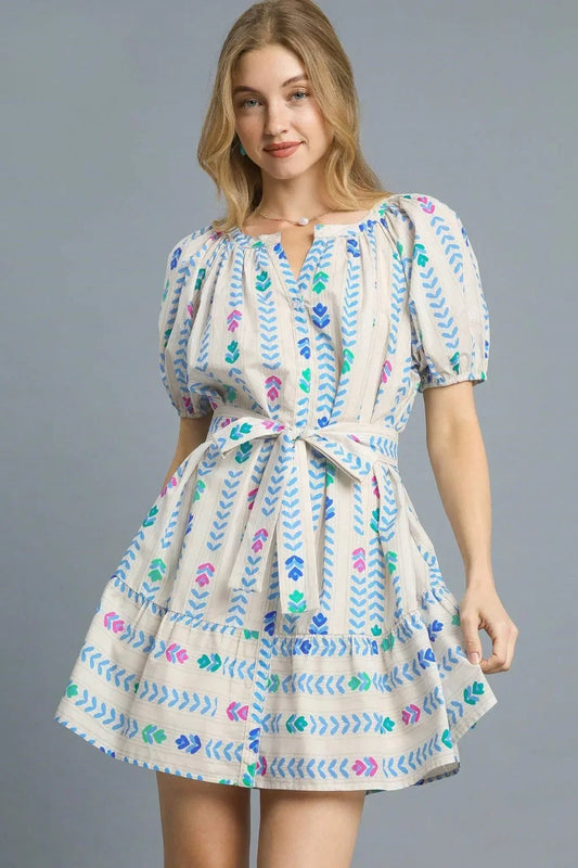 Tie Waist Puff Short Sleeve Mini Dress - Eva's Edition
