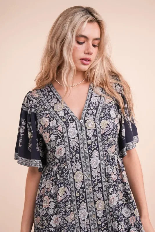 Shirring Detail Printed Woven Mini Dress - Eva's Edition