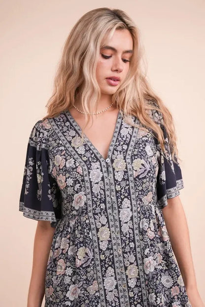 Shirring Detail Printed Woven Mini Dress - Eva's Edition