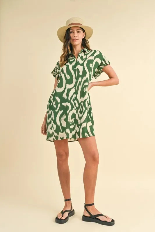 Abstract Printed Frill Sleeve Shirt Mini Dress - Eva's Edition