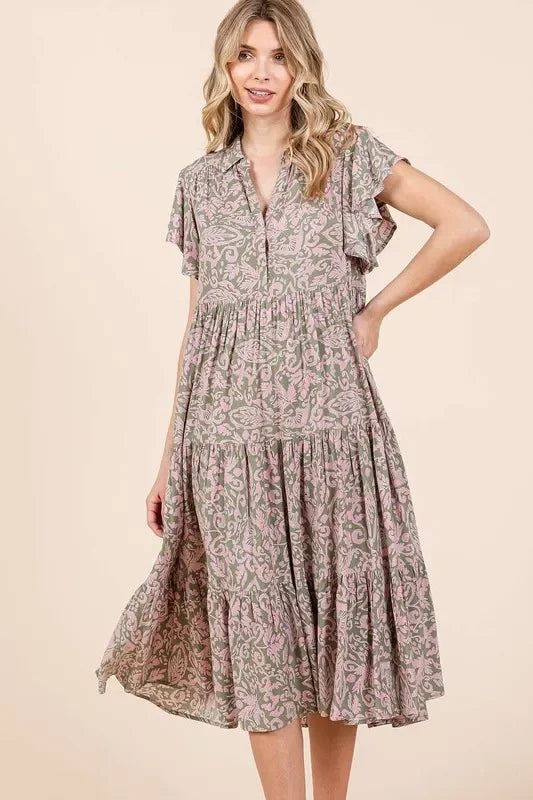 Abstract Print Ruffle Tier Midi Dress - Eva's Edition