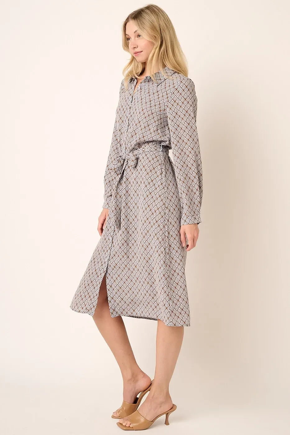 Abstract Print Waist Tie Midi Shirt Dress - Eva's Edition