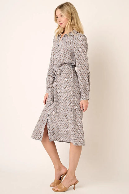 Abstract Print Waist Tie Midi Shirt Dress - Eva's Edition