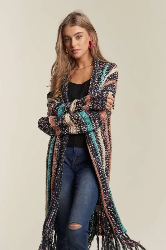Multi Colour Sweater Long Cardigan with Fringes - Eva's Edition