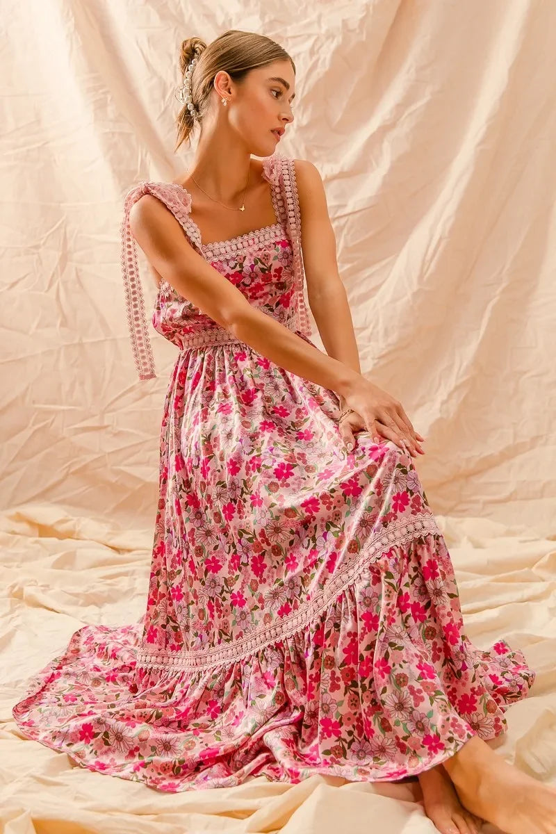 Floral Maxi Dress With Ribbon Tie Lace Strap - Eva's Edition