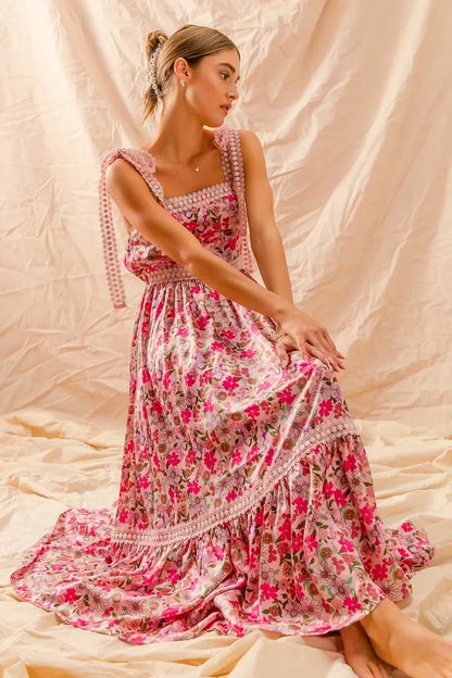 Floral Maxi Dress With Ribbon Tie Lace Strap - Eva's Edition
