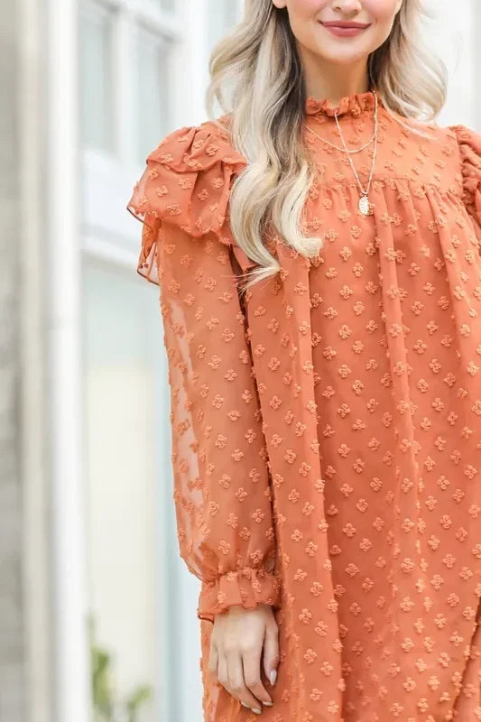 Lovely Ruffle Shoulder with Textured Woven Dress - Eva's Edition