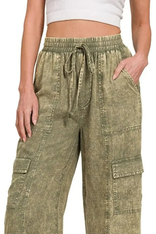 Linen Elastic Band Waist Cargo Pants - Eva's Edition