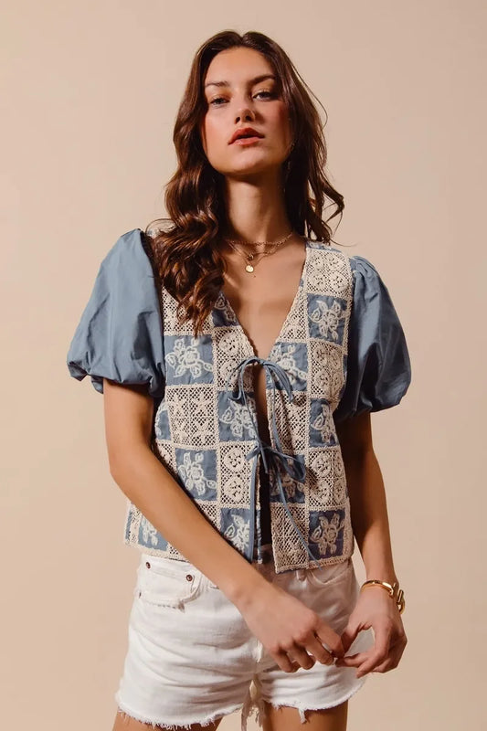 Crochet Lace Tie Front V Neck Blouse Top - Eva's Edition