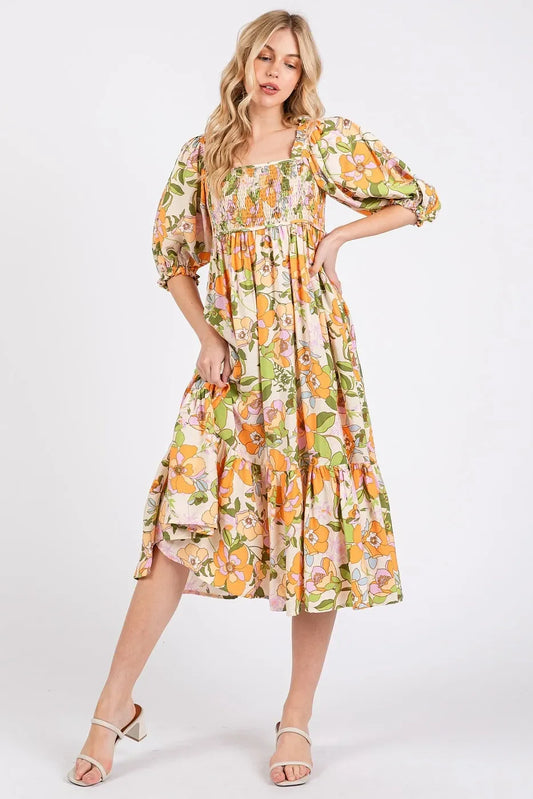 Mittoshop Flower Print Puff Sleeve Ruffle Smocked Midi Dress - Eva's Edition