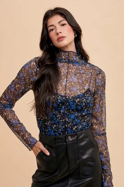 Annie Wear Floral Lettuce Hem Sheer Mesh Top - Eva's Edition
