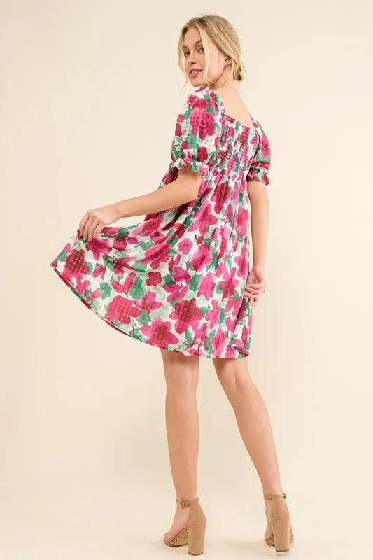 Smocked Floral Ruffle Short Sleeve Mini Dress - Eva's Edition