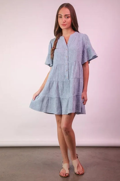 Mineral Washed Baby Bell Sleeve Woven Mini Dress - Eva's Edition