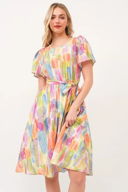 Watercolor Print Tie Front Midi Dress - Eva's Edition
