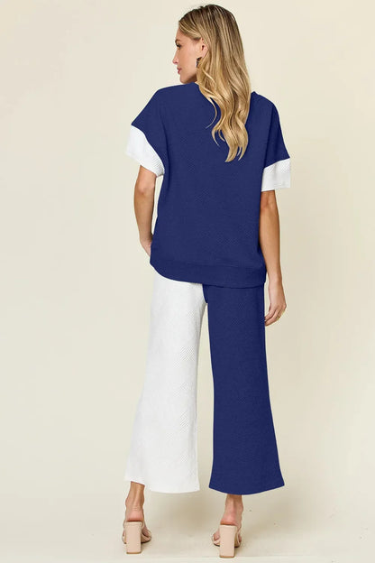 Textured Contrast T-Shirt and Wide Leg Pants Set - Eva's Edition