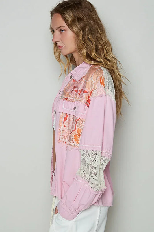 Printed Woven Mix Raw Hem Jacket with Lace Detail - Eva's Edition