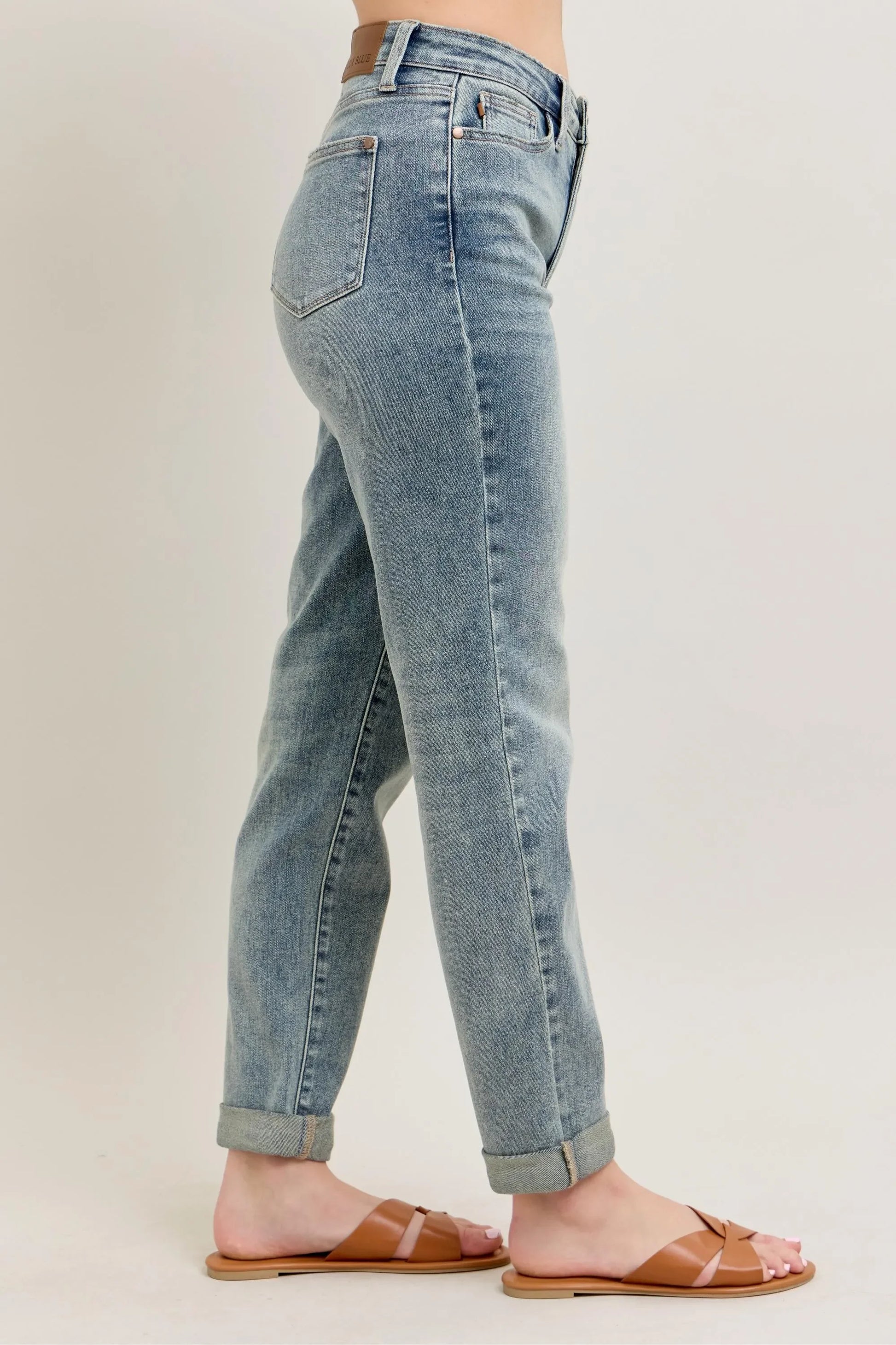 Vintage Wash Double Roll Cuff Bf Jeans Plus Size - Eva's Edition